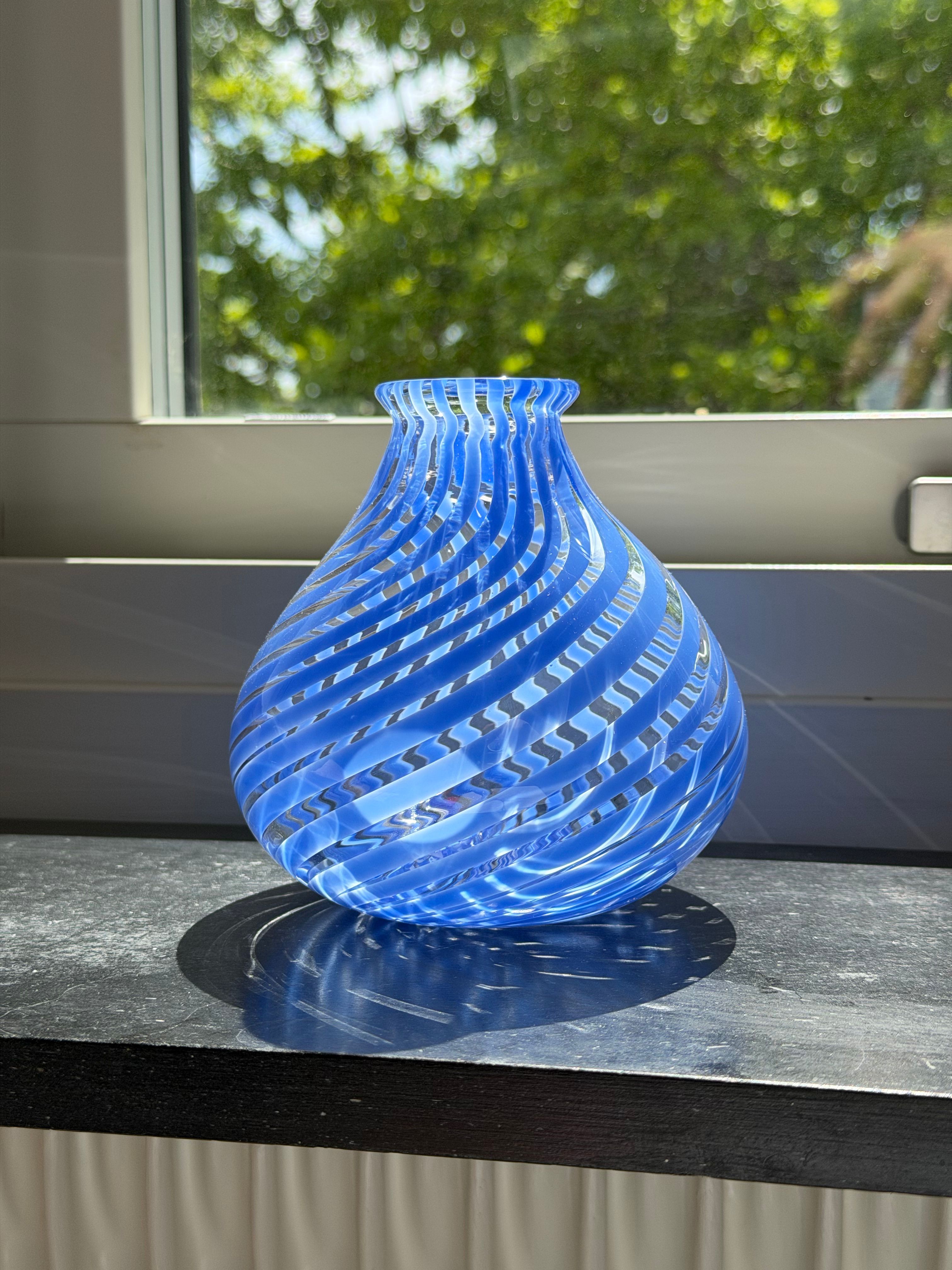Sky-blue cane swirl vase